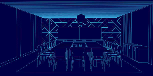 istock Blueprint outline of a conference meeting room, featuring a long central table surrounded by chairs, with walls and ceiling details. 2251992931