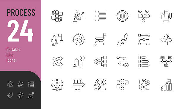 Process Line Editable Icons set. Vector illustration in modern thin style of business related icons: improvement, strategy, workflow, and more. Isolated on transparent background. flow chart stock illustrations