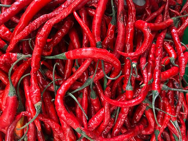 View from above of fresh chili in the market
