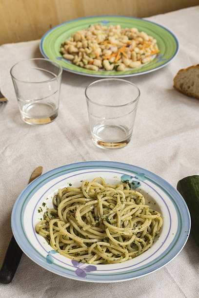 Pasta penne in green pesto sauce served in deep plate, directly above