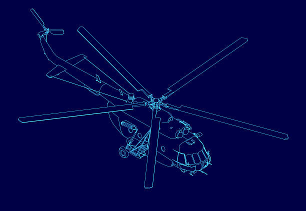 istock Detailed blueprint of a military helicopter with four main rotors and two engines, featuring a clear tail rotor contour against a stark blue background. 2251997241