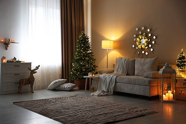 istock Beautiful Christmas tree and other decor in spacious room. Festive interior design 2252000562