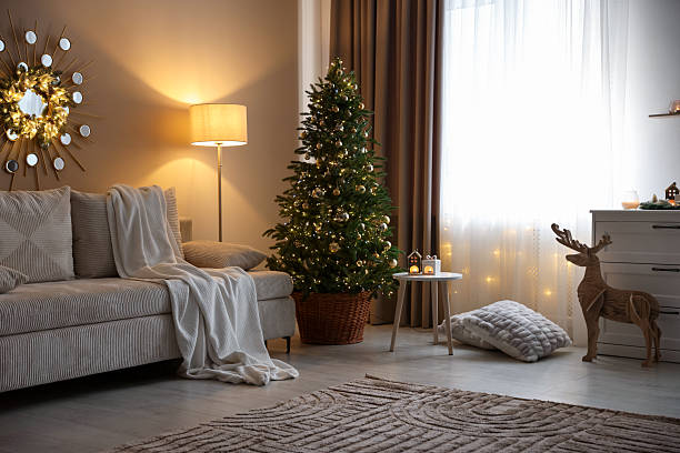 istock Beautiful Christmas tree and other decor in cozy room. Festive interior design 2252000605