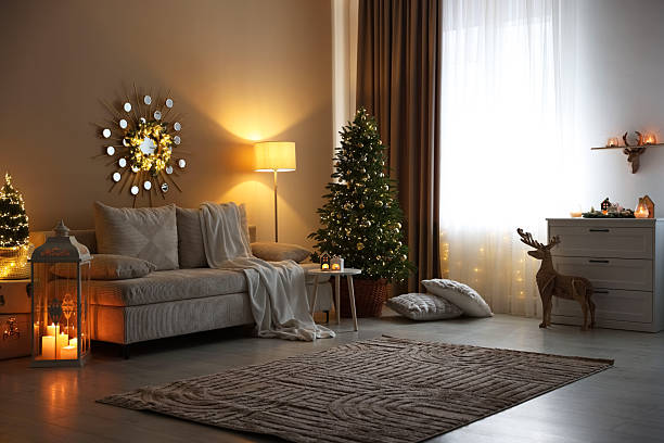 istock Beautiful Christmas tree and other decor in spacious room. Festive interior design 2252000608