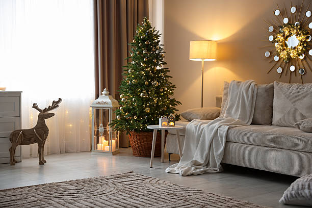 istock Beautiful Christmas tree and other decor in cozy room. Festive interior design 2252000613