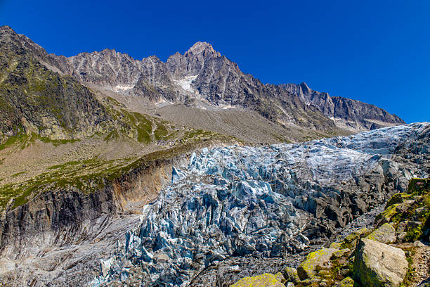 Panoramic mountain landscape in Chamonix with Mont Blanc massif, alpine peaks, glaciers, valleys, snow capped ridges, clear sky, European Alps scenery, natural terrain, high altitude environment area