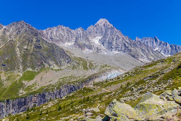 istock Panoramic mountain landscape in Chamonix with Mont Blanc massif, alpine peaks, glaciers, valleys 2252001195