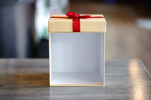 istock Front View of Open Empty Beige Gift Box with Red Ribbon on Lid, Ready for Mockup 2252006921