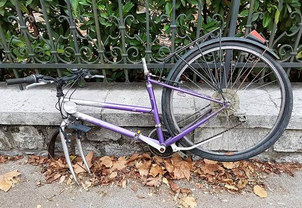 Ljubljana, Slovenia, December 3, 2024, A purple bicycle in a severely damaged and partially disassembled state is locked to an iron fence in Ljubljana, Slovenia. The bike is missing several components, including pedals and parts of the frame, while the remaining wheel and handlebars are bent. Dry autumn leaves cover the ground, and the stone base of the fence adds to the urban setting.