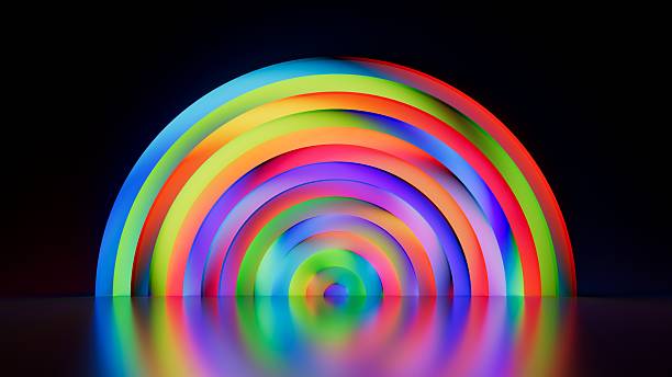 istock Abstract multicolored background. Concentric neon arcs in rainbow tones rise from a glossy floor. Radiant circular light pattern with strong reflections. 3D render illustration. 2252010130