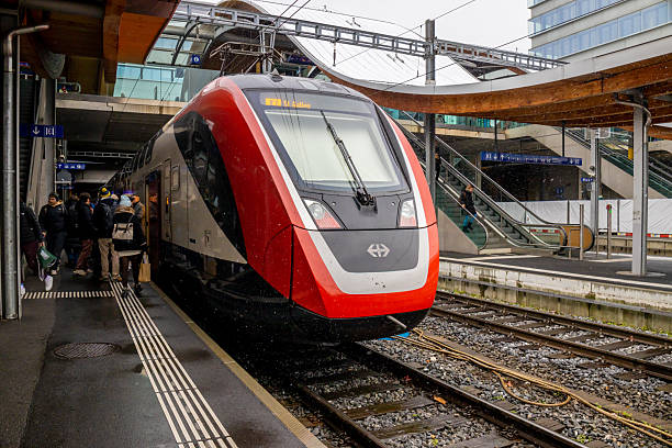 SBB RABe 501 Giruno Train at Zug Railway Station. The  RABe 501 is a high-speed electric multiple unit train built by Stadler Rail for the Swiss Federal Railways (SBB). The image showas the train arriving at Zug railway station.