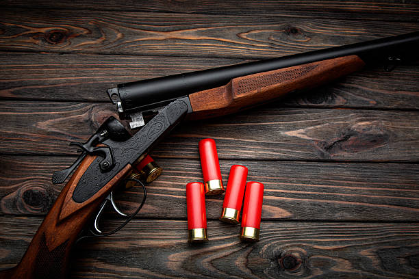 istock Classic hunting shotgun and bright red shells on dark rustic wood background. 2252012470