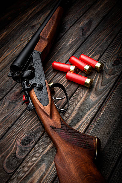istock Classic hunting shotgun and bright red shells on dark rustic wood background. 2252012474