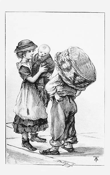 Poignant 19th-century engraving capturing a street encounter, highlighting visual disparities: A girl dressed in fine clothing cradles an infant while a child, performing labor, struggles under the weight of a massive woven carry basket