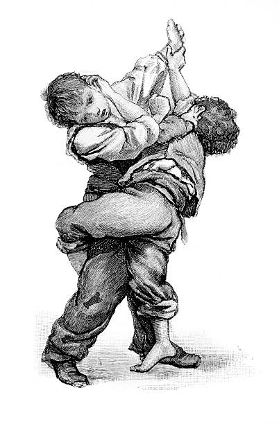 Historical 19th-century illustration depicting two boys engaged in a physical wrestling match.