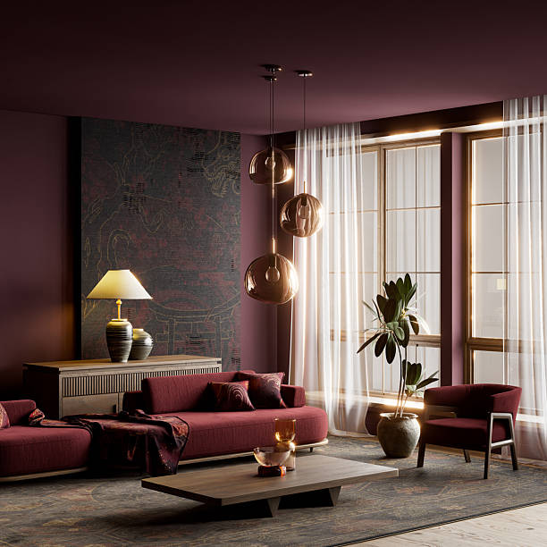 istock Dark moody japandi interior featuring deep burgundy tones, sculptural lighting, rich textures and modern luxury balance creating an atmospheric cinematic living space. 3D illustration 2252014978