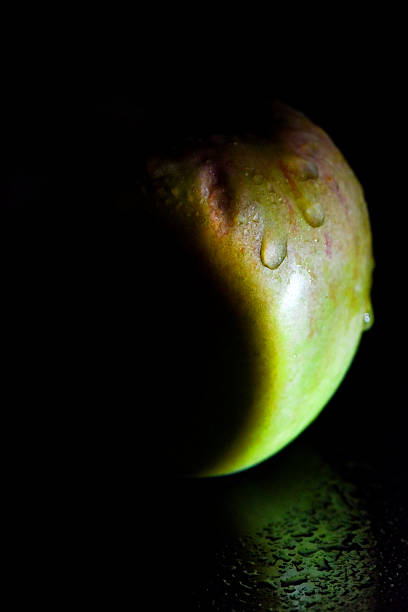 a whole green apple with water droplets on its skin.