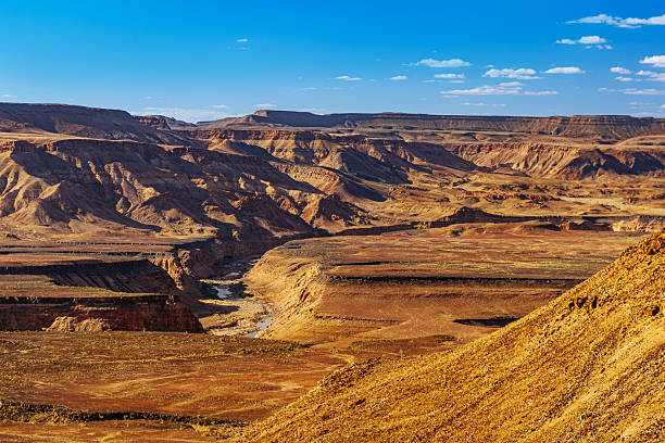 A dramatic arid canyon stretches across layered red-brown rock, carved by a winding river. Clear blue sky above highlights vast, rugged terrain and distant plateaus, evoking solitude and natural wonder. Fish River Canyon in Namibia, the second largest canyon in the world and the largest in Africa.