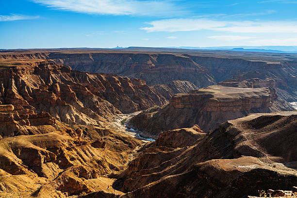 Vast desert canyon landscape in Namibia with rugged rock formations, deep valleys, and a winding river below. Bright blue sky and sweeping horizons evoke adventure, exploration, and natural awe. Fish River Canyon in Namibia, the second largest canyon in the world and the largest in Africa.