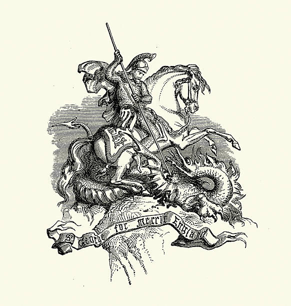 Saint George on horseback armed with a lance, slaying the dragon, Vintage illustration