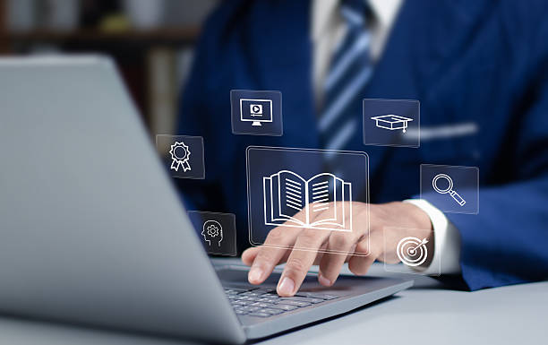 istock Learn to train in front of the computer. Internet e-learning lessons and online webinars People attending online lessons on digital screens Internet Technology Education Features. 2252035984
