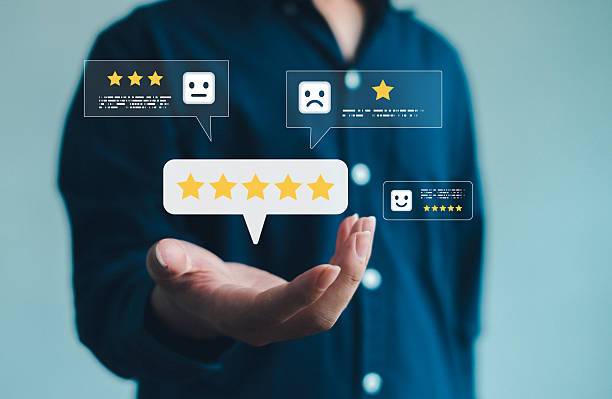 istock Customer review and rating concept with a hand presenting multiple feedback icons, representing user satisfaction levels, service quality evaluation, digital experience insights, consumer opinions. 2252038691
