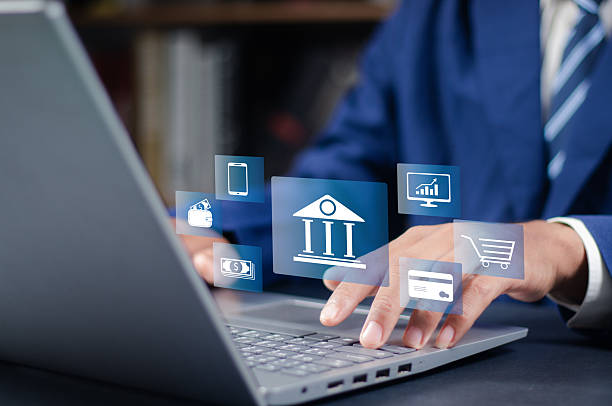 istock Businessman using laptop with virtual screen of online banking digital technology, Online banking concept. payment for shopping and digital technology business, Finance and banking network. 2252041917