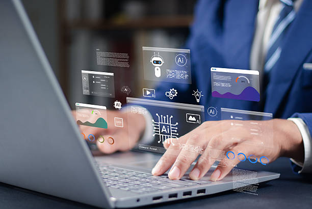 istock AI agent and generative artificial intelligence concept. Businessman using AI agents on screen, including chatbots, AI assistants, and data analytics tools on a laptop. LLM, Ai agentic workflows. 2252044650