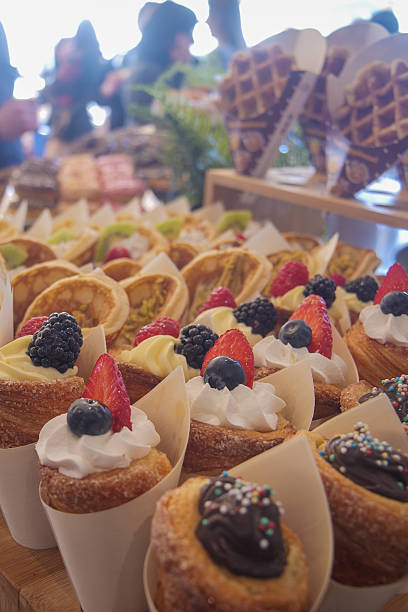 istock Mini pastries and waffles with cream and berries served on dessert buffet table 2252051679