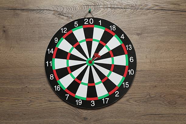 One red dart hitting bullseye center of target illustrating hitting point in argument or presentation or right audience in marketing with copy space for text or logo.