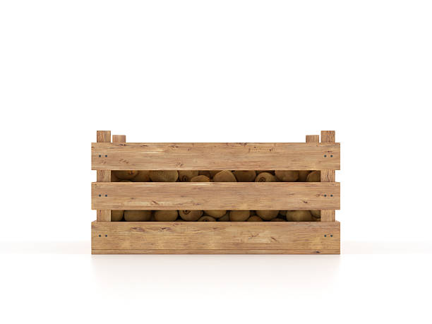 Wooden crate with kiwis on a white background. 3d illustration.
