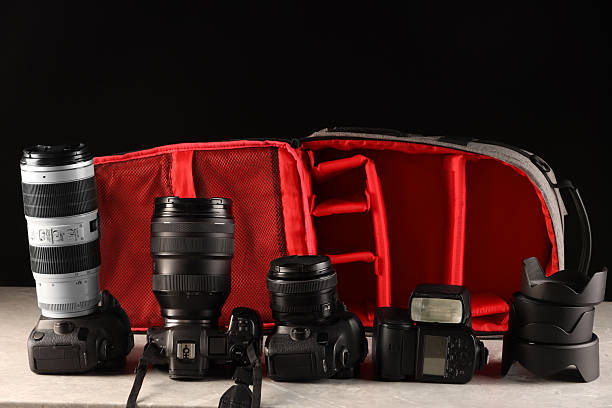 Professional photographer's equipment and backpack on light table