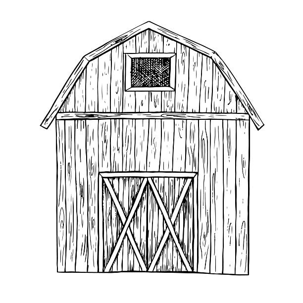 Wooden farm shed. Black and white vector illustration drawn by hand. Concept of an agricultural structure. Element of banner, label, postcard design, and more