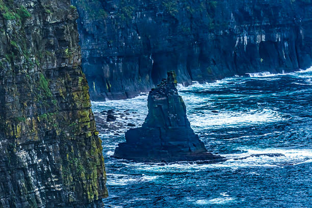 Colorful Sea Stack Cliffs of Moher Claire County Ireland.  Cliffs tower up to 702 Feet over Atlantic Ocean and run for 9 miles along Irish coast. Unesco site one of most visited places in Ireland and site of many movies.