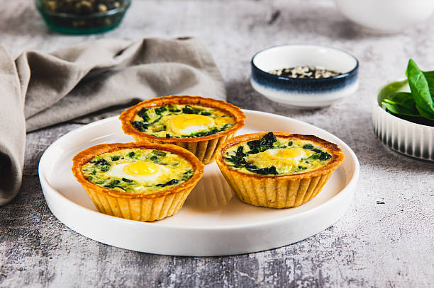 istock Baked tartlets with quail eggs and fresh spinach on a plate on the table 2252072925