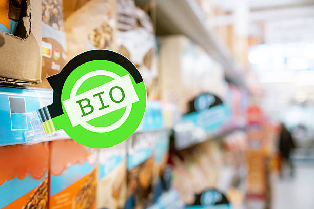 Close-up of a supermarket shelf displaying a product label marked ‘Bio’. Ideal for organic and eco-friendly products, healthy eating, grocery shopping, and sustainable lifestyle concepts.