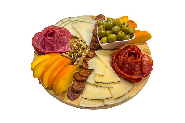 istock Wooden dish with various snacks isolated on white background 2252075534