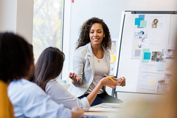 istock Engaging business leader presenting ideas on a whiteboard in a collaborative meeting. 2252083391