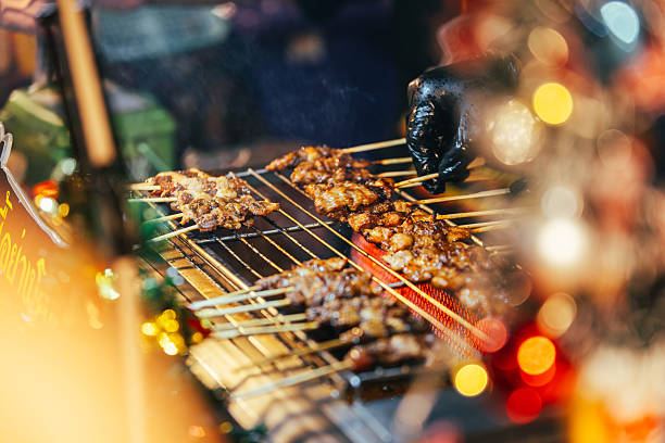 Marinated meat skewer on barbecue grill.