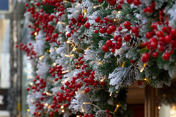 istock Christmas coniferous composition with red berries and warm lights along the building 2252085572