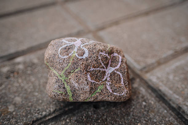 Colorful stone featuring flower designs lies on textured pavement, highlighting artistic creativity and natural beauty, ideal for nature-inspired artwork or projects