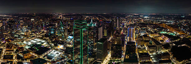 istock Panorama Aerial Drone over downtown Dallas, Texas at night 2252099253