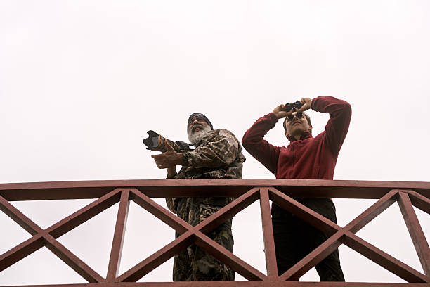 istock Couple bird watching and photographing wildlife from an observation deck 2252101764