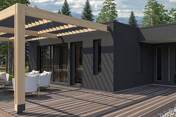 istock Scandinavian Modern Villa or Weekend House with Black Wood Paneling Facade and Canopy 2252106366