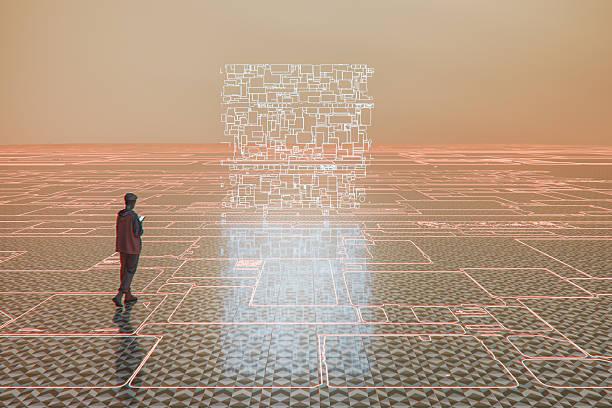 istock Young woman walking in abstract VR environment 2252106454