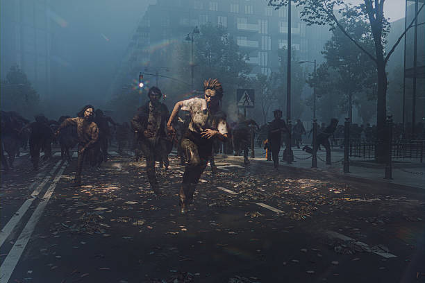 Scary running zombies in the city at night. 3D generated image.