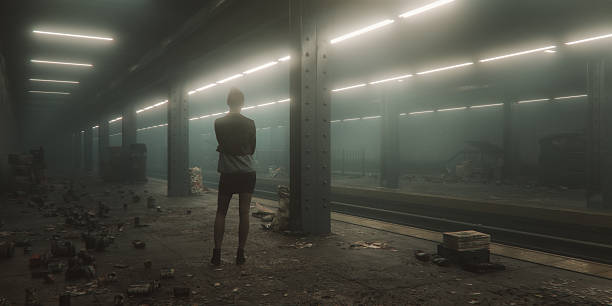 Young woman standing on metro station platform. 3D generated image.