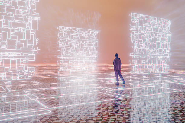 istock Young woman walking in abstract VR environment 2252106715