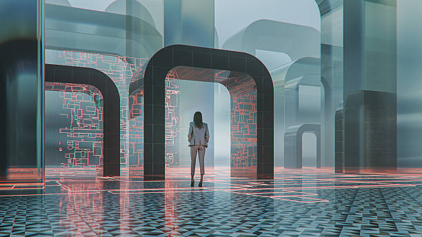istock Businesswoman walking in abstract VR environment 2252106872