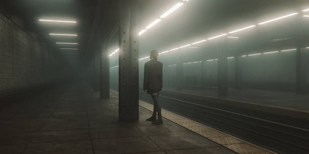 Young woman standing on metro station platform. 3D generated image.